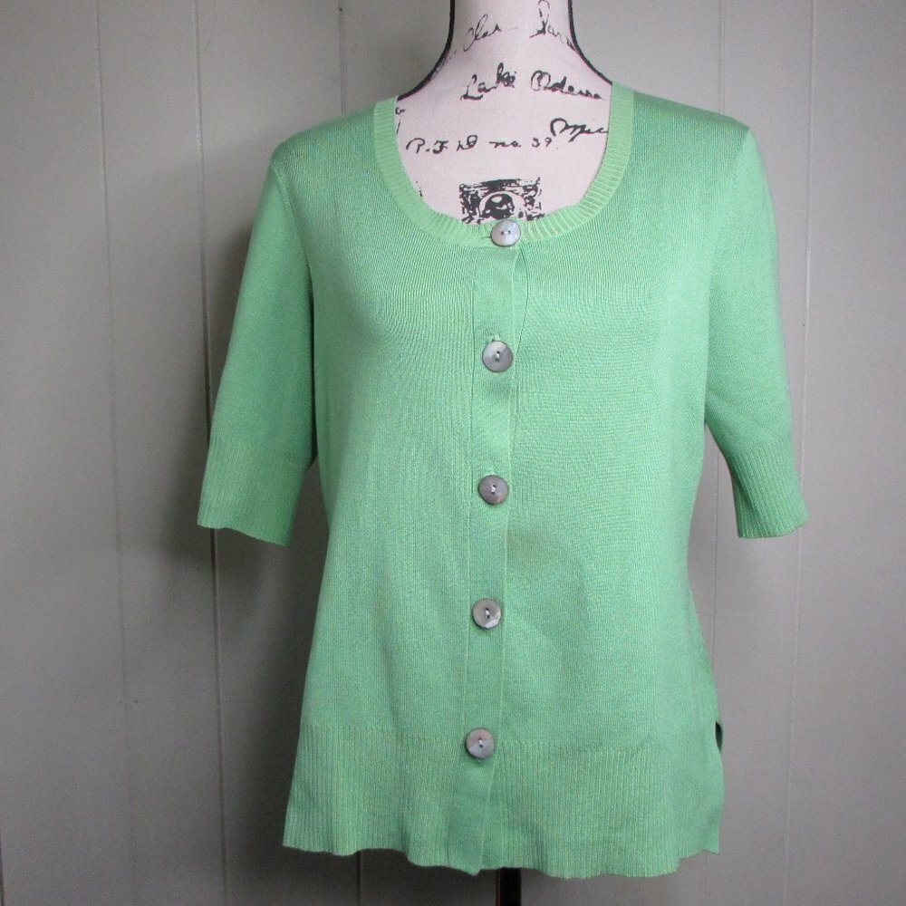 Chico's Button Front Sweater 1 M Short Sleeve Green Silk Blend